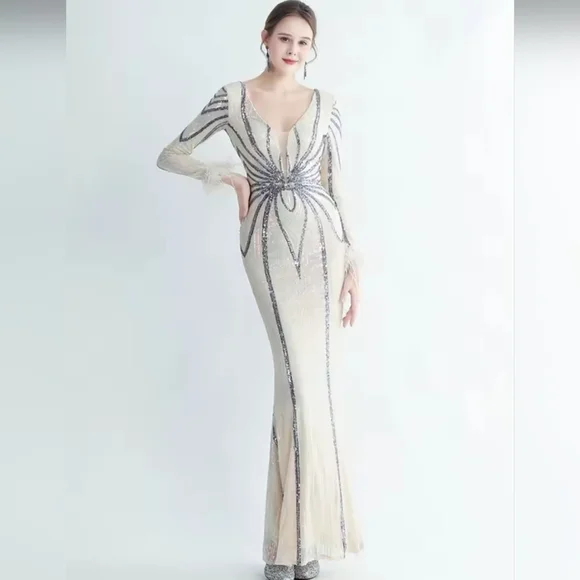 Gray and Cream Backless Embellished Gown with Bishop Sleeves - Picture 2 of 14